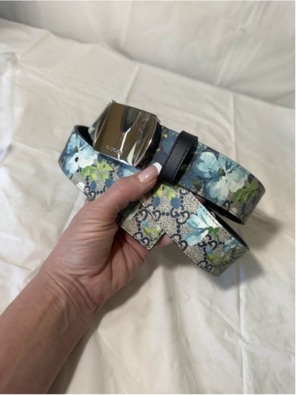 Gucci Gucci Silver Buckle Blue GG Supreme Coated Canvas Belt 95/38 floral - Picture 2 of 16